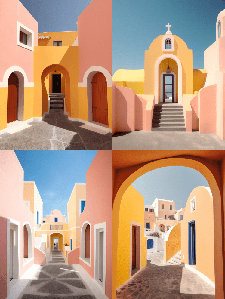 对称，明亮，圣托里尼，Oia，韦斯·安德 - Midjourney Prompt