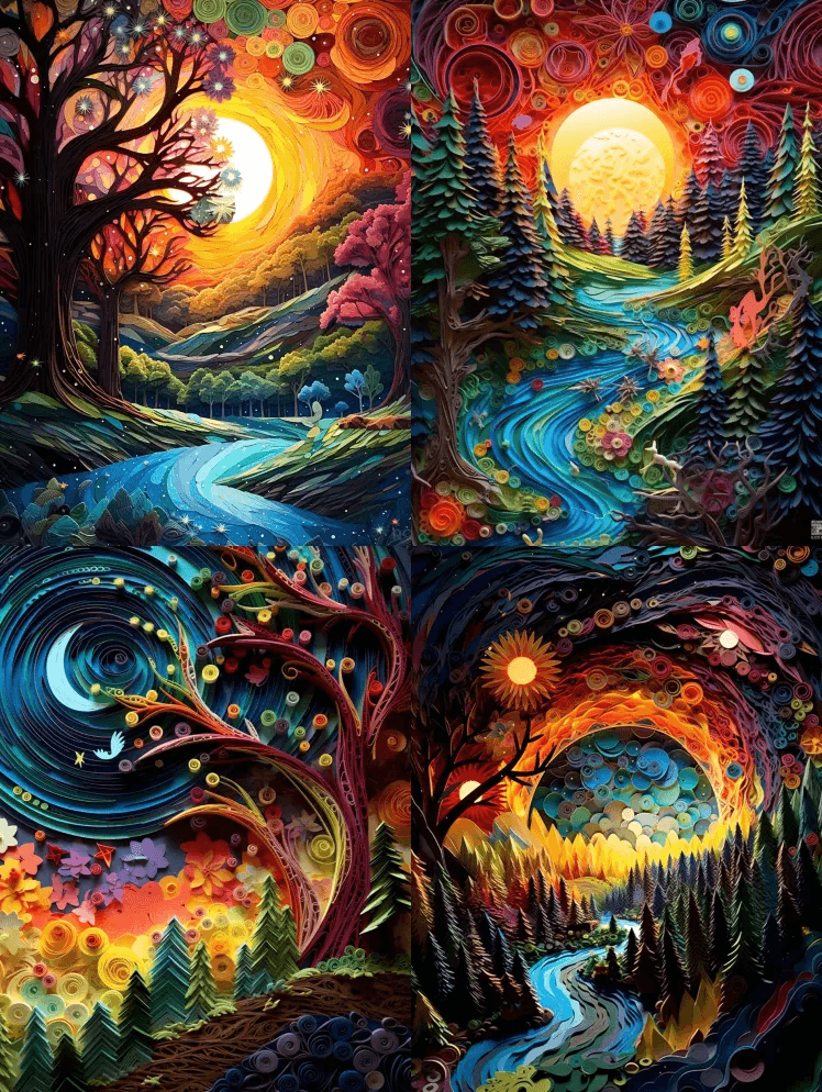 充满活力的多维纸羽毛，夜广阔的风景，获奖 - Midjourney Prompt