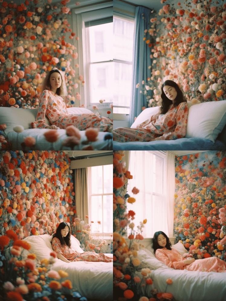 一个穿着睡衣坐在床上的美丽女人，在一个白 - Midjourney Prompt