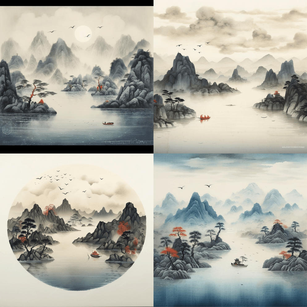 一幅非常漂亮的淡水水墨风景画 - Midjourney Prompt