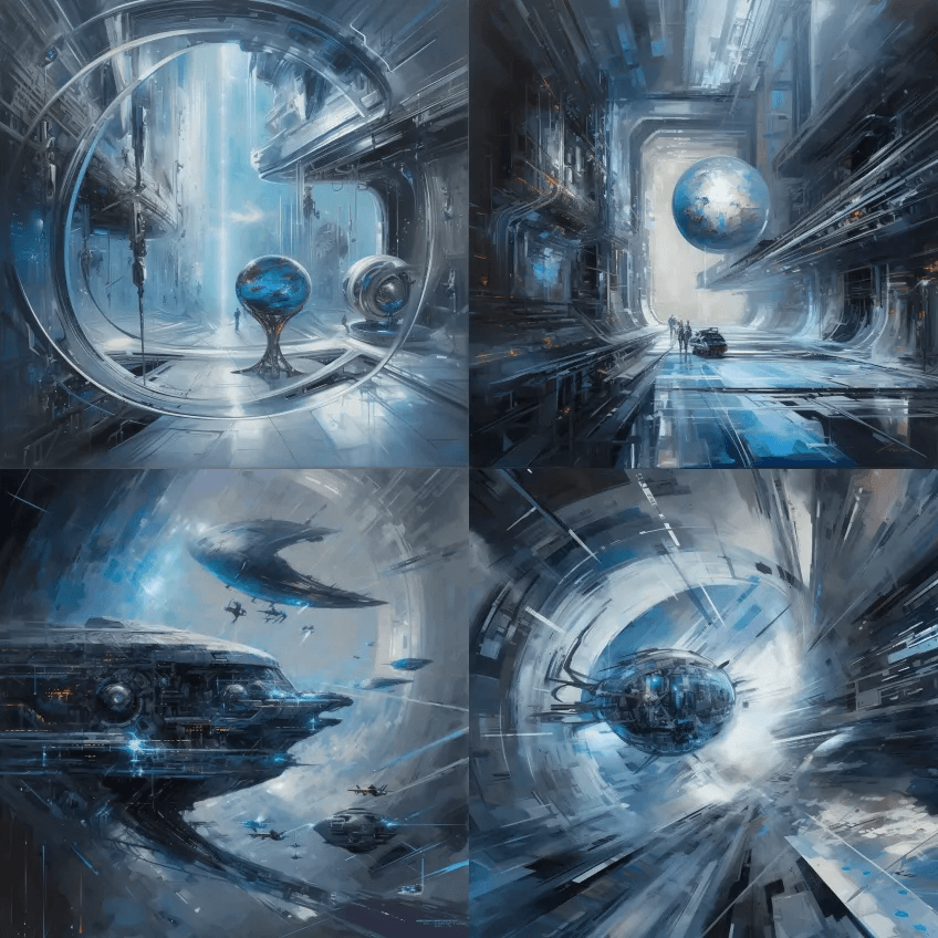 一幅探索太空旅行主题的未来主义油画，使用 - Midjourney Prompt