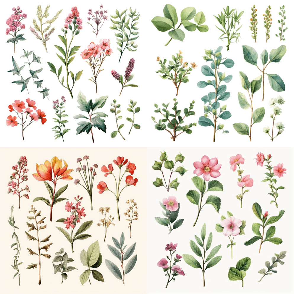 剪贴画，复古，水彩，斯帕西胸罩，植物插图 - Midjourney Prompt