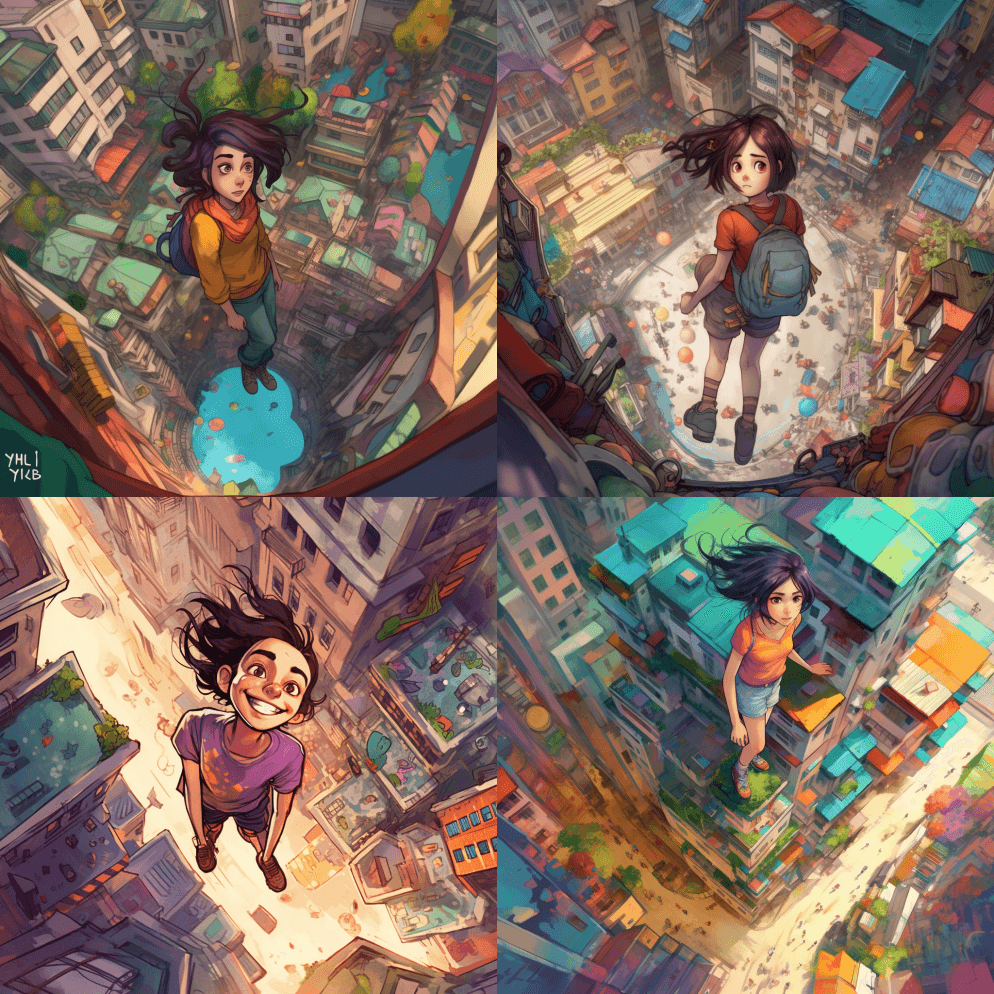 俯视，皮克斯风格，高角度，漫画女孩跳下往 - Midjourney Prompt