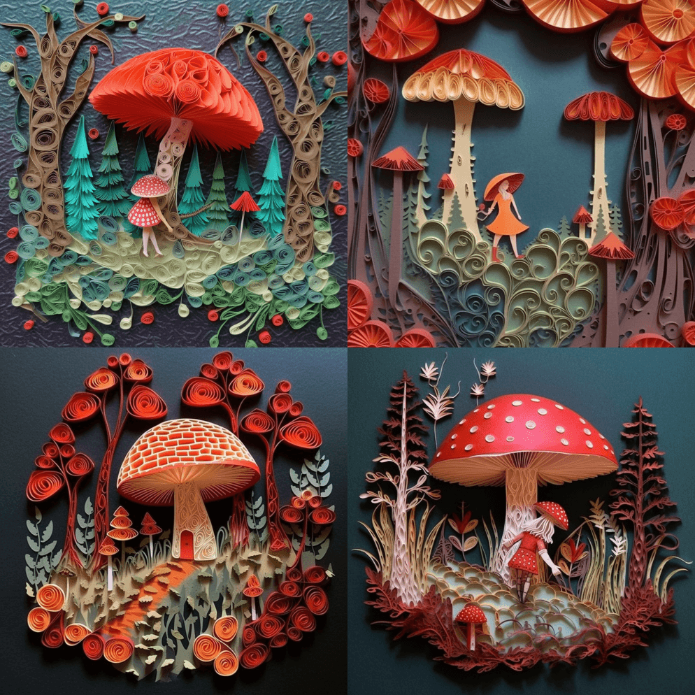 纸刺，剪纸艺术，森林里仙女毒菌的纸插图 - Midjourney Prompt
