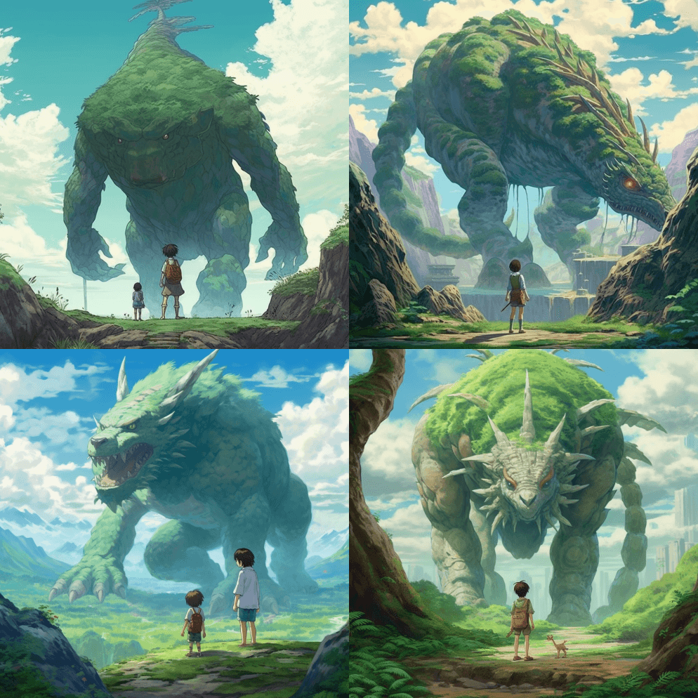 男孩和他的宠物在一处美丽的风景中遇到了一 - Midjourney Prompt