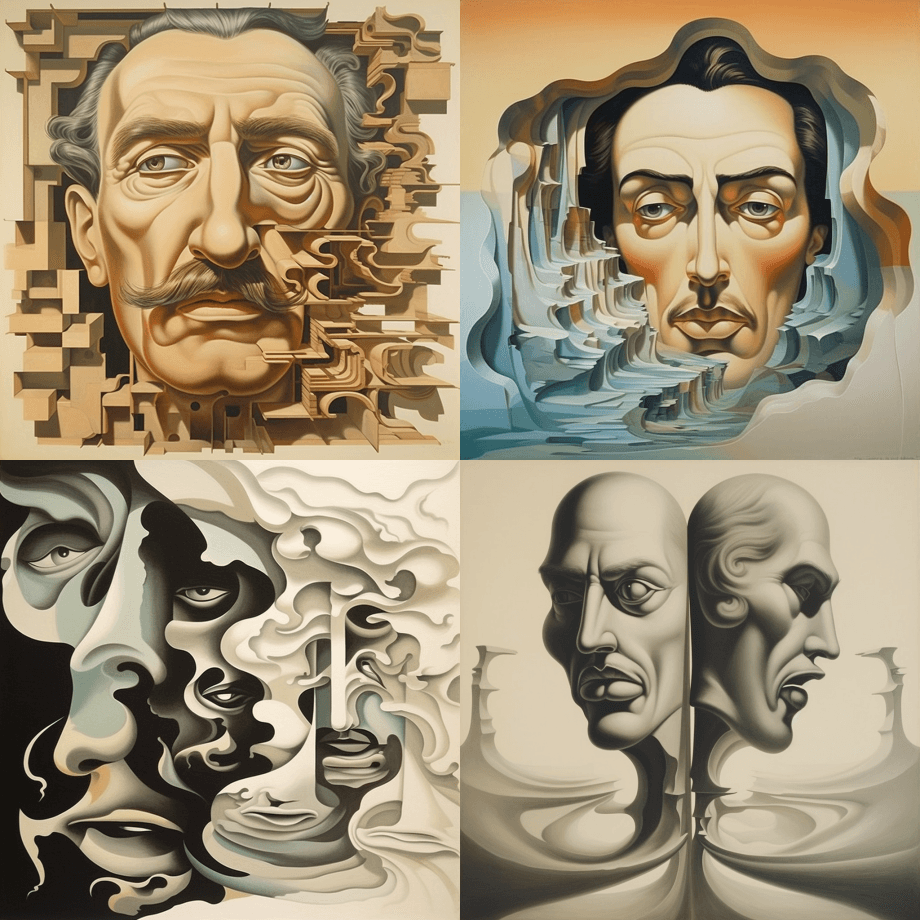 相互交织，负空间，相互交织的面孔和山脊， - Midjourney Prompt