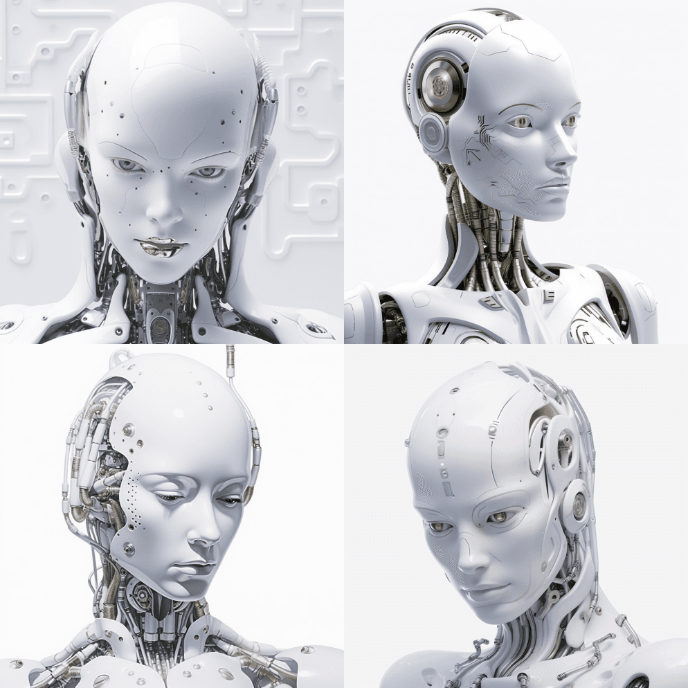 特写，神秘的全白色机器人，海报般的白色背 - Midjourney Prompt