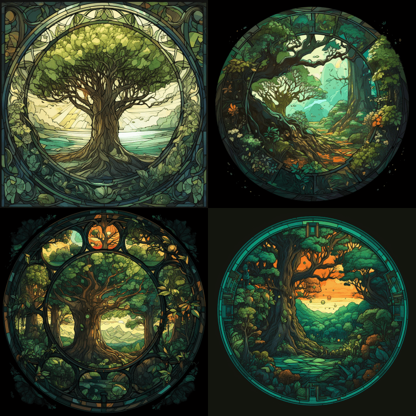 一个巨大的世界树和神秘的森林的大彩色玻璃 - Midjourney Prompt