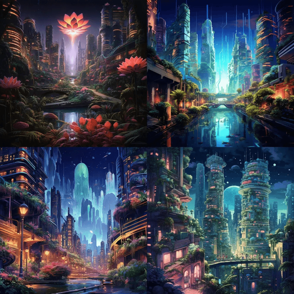 具有生物发光塔的未来主义城市一座光与科技 - Midjourney Prompt