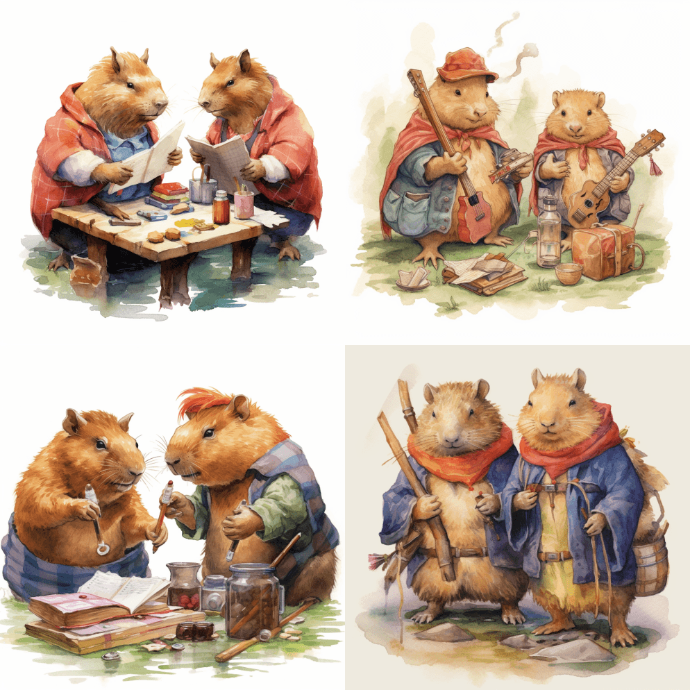 水彩画剪贴画，两只水豚一起玩地牢和龙，详 - Midjourney Prompt