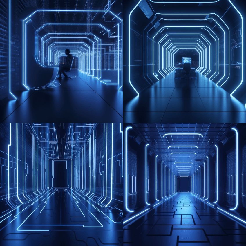 虚拟技术场景，深蓝色色调，辛烷值渲染 - Midjourney Prompt
