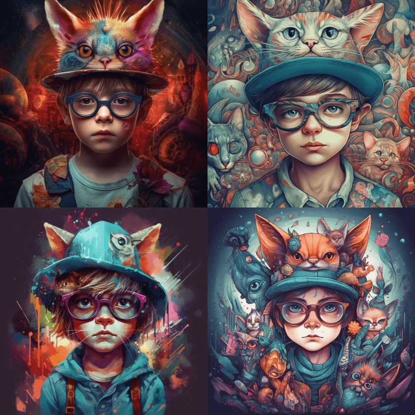 一个小男孩，戴着五颜六色的帽子和眼镜，以 - Midjourney Prompt