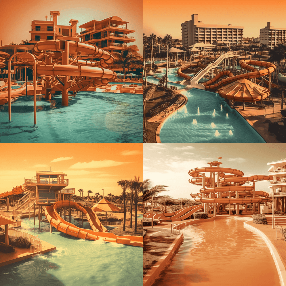 德班海滩的水上公园，以深橙色和淡琥珀色为 - Midjourney Prompt
