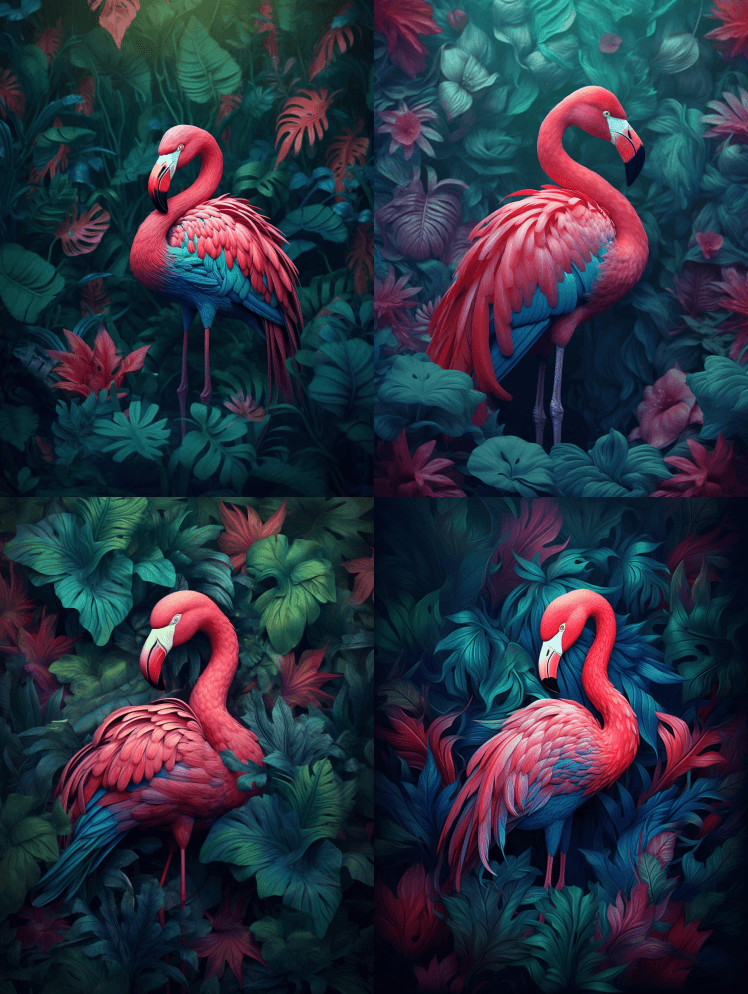 一只热带火烈鸟，周围环绕着异国情调的树叶 - Midjourney Prompt