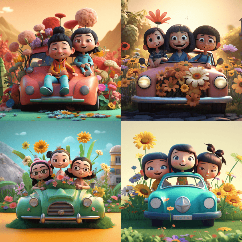 三个有着亚洲五官和笑脸的角色坐在车顶上， - Midjourney Prompt