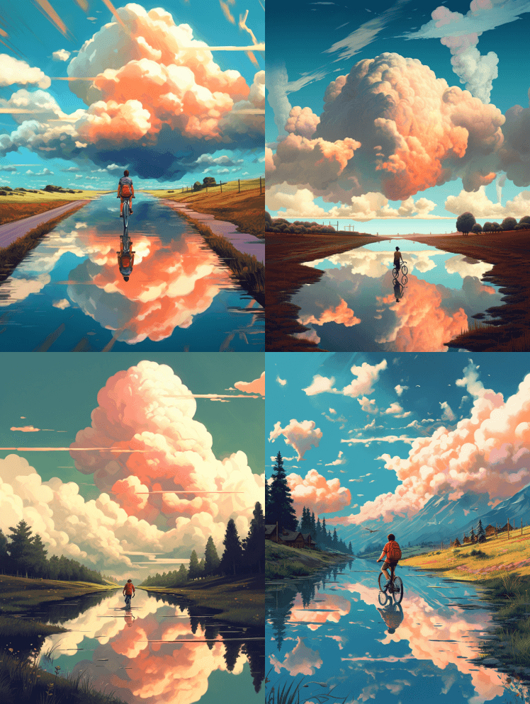 一个人骑着自行车越过湖面的插图，以宁静的 - Midjourney Prompt