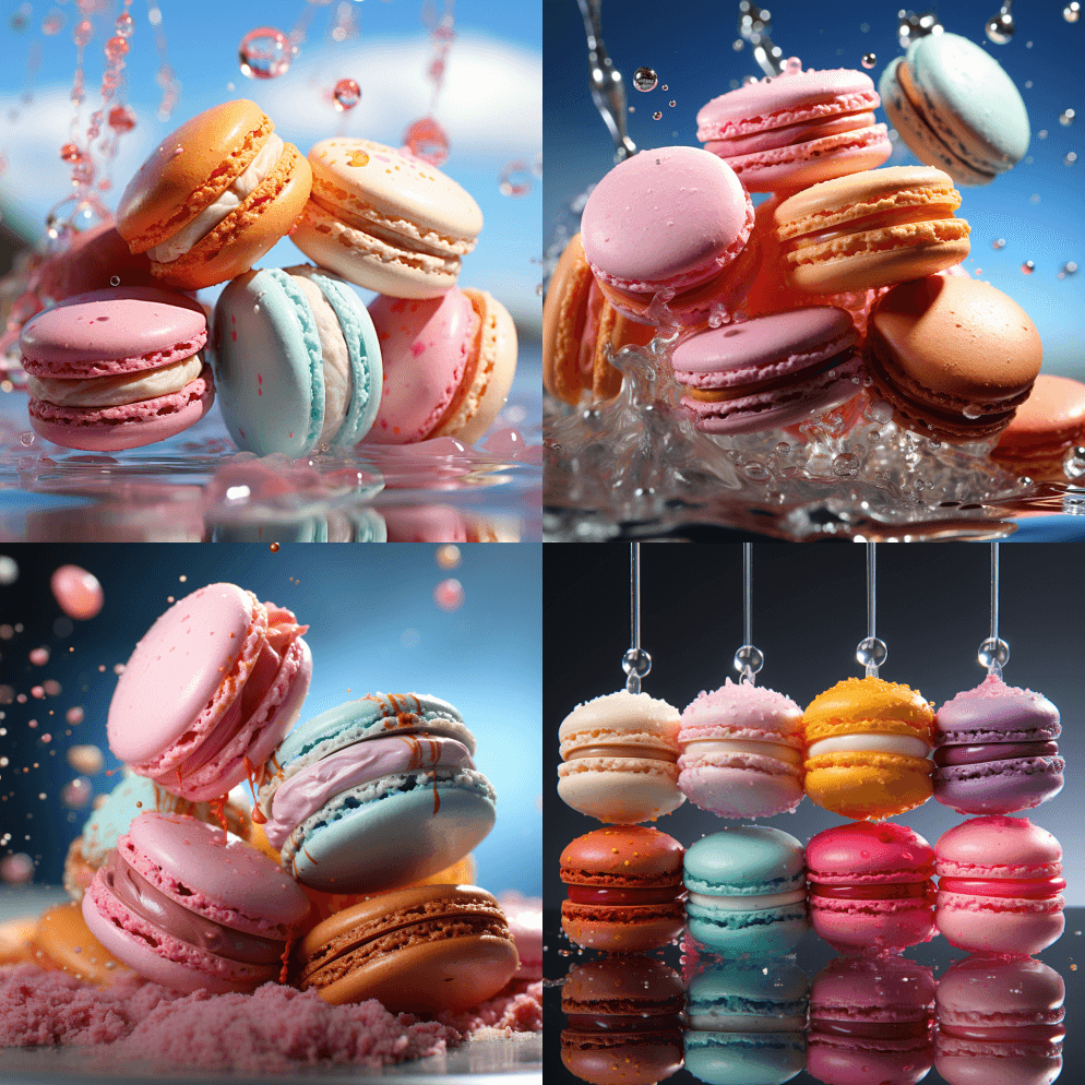 商业摄影，空中飞行的四只马卡龙的特写，悬 - Midjourney Prompt