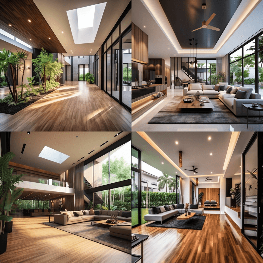 画面内的建筑客厅是位于热带城市的现当代住 - Midjourney Prompt