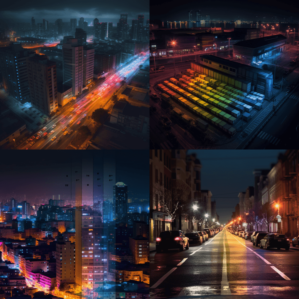 倾斜移色等级调色板，夜间，长时间曝光 - Midjourney Prompt