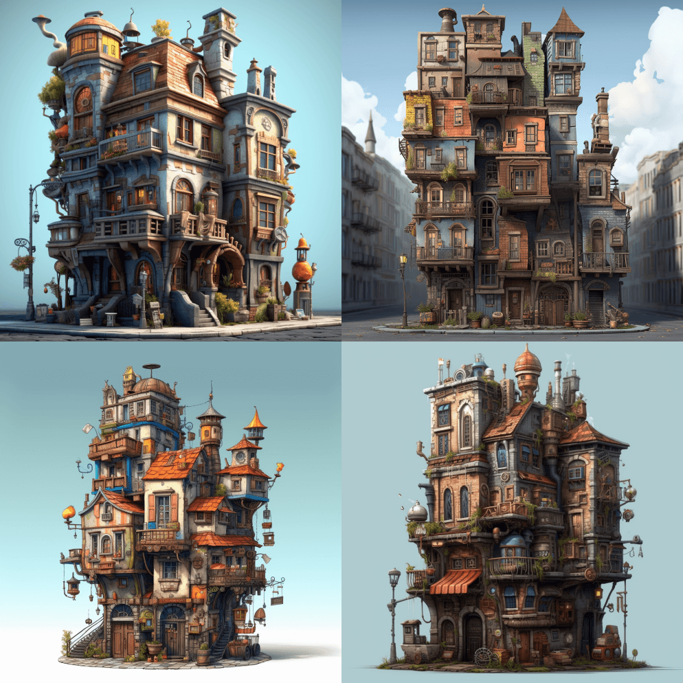 一个带有玩偶小屋和石阶的城市街区，哥特式 - Midjourney Prompt