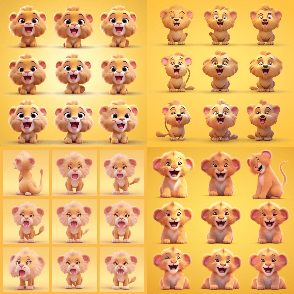 一只可爱的狮子，表情包，表情表，多种姿势 - Midjourney Prompt
