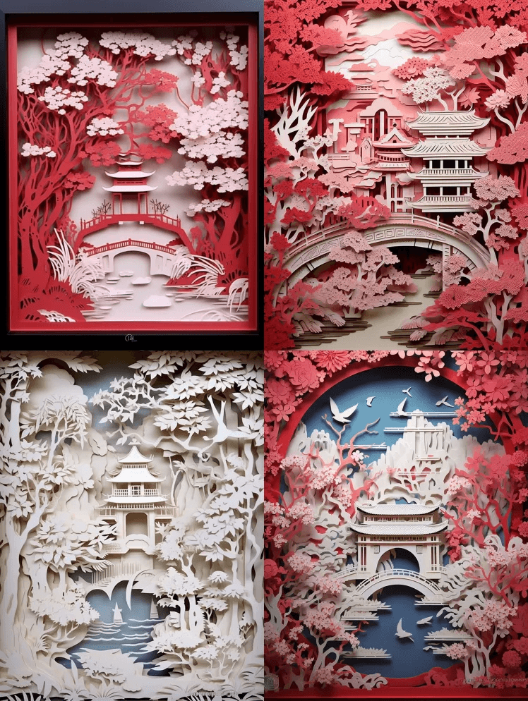 描绘中国传统园林的错综复杂的剪纸艺术品。 - Midjourney Prompt