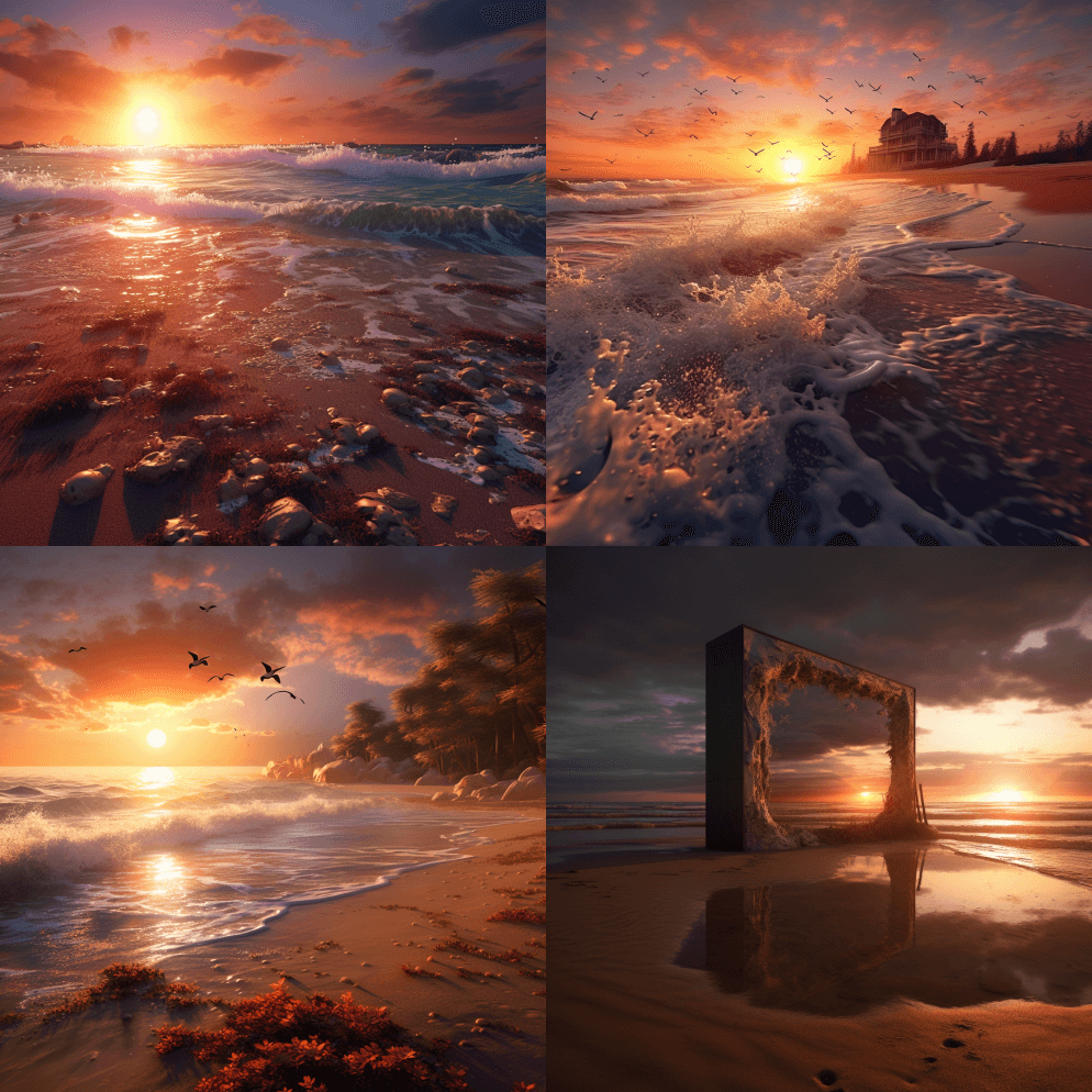 日落,海滩,海洋,风景,高细节,超现实主 - Midjourney Prompt