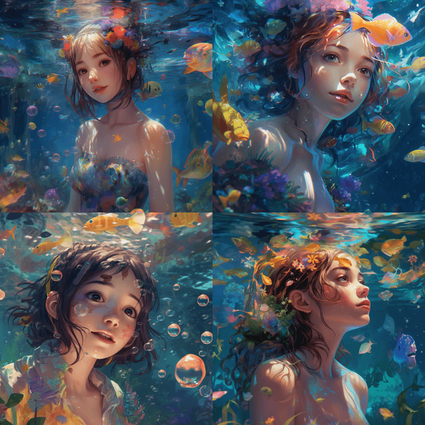 一个女孩在水下游泳，微笑，五颜六色，周围 - Midjourney Prompt