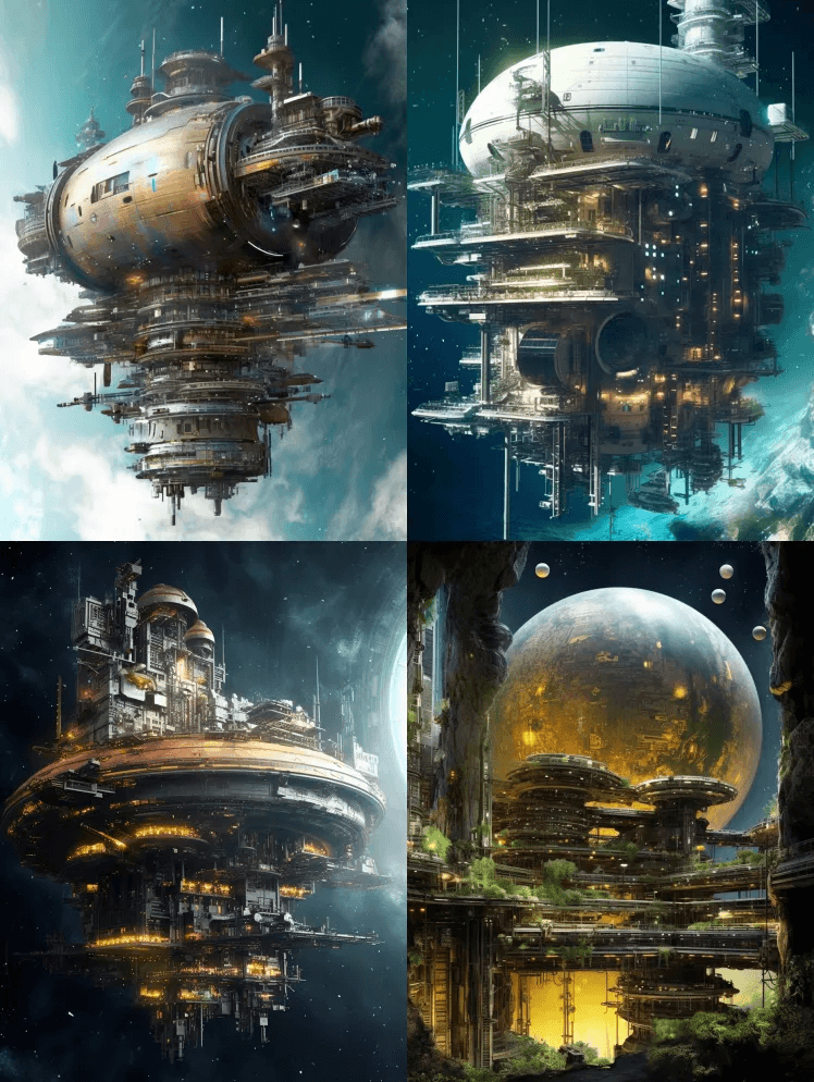 超现实主义未来主义乌托邦生态垃圾空间站， - Midjourney Prompt