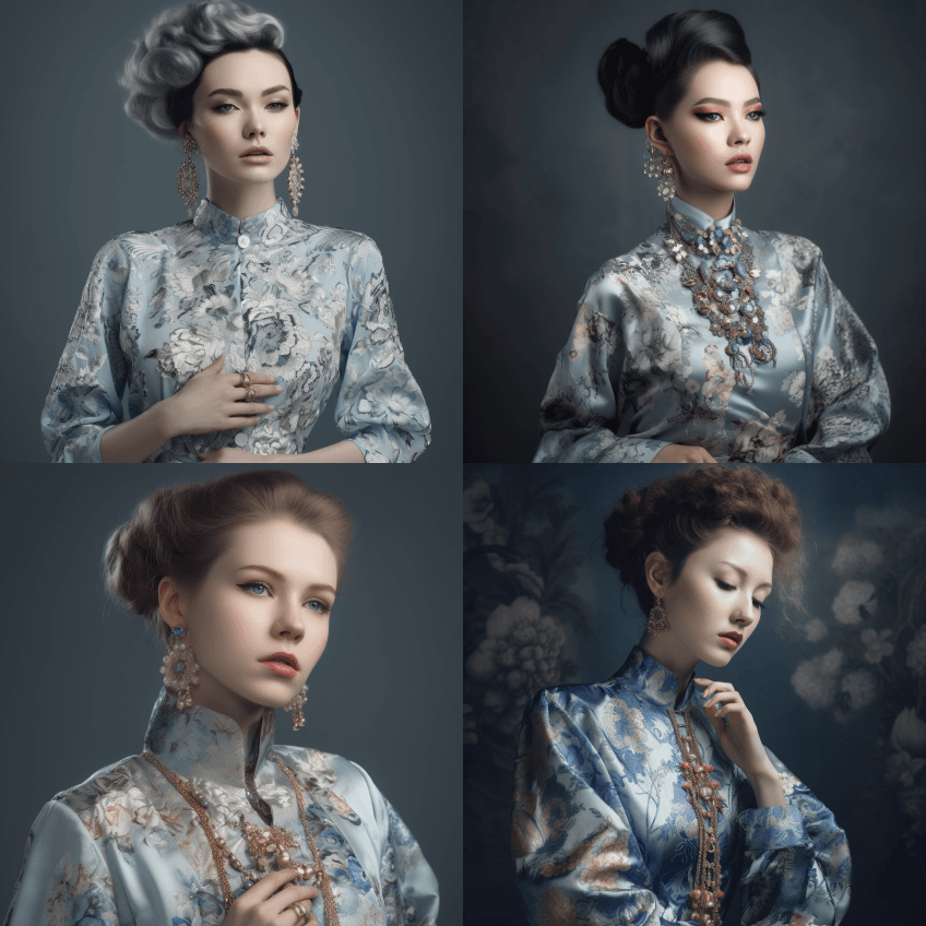 一位身穿花卉衬衫的女子摆姿势，以巴洛克风 - Midjourney Prompt