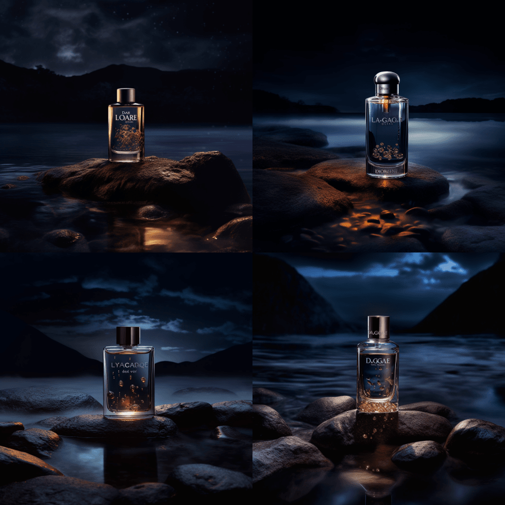 晚上岩石上的香水,下面是水,风格是Car - Midjourney Prompt