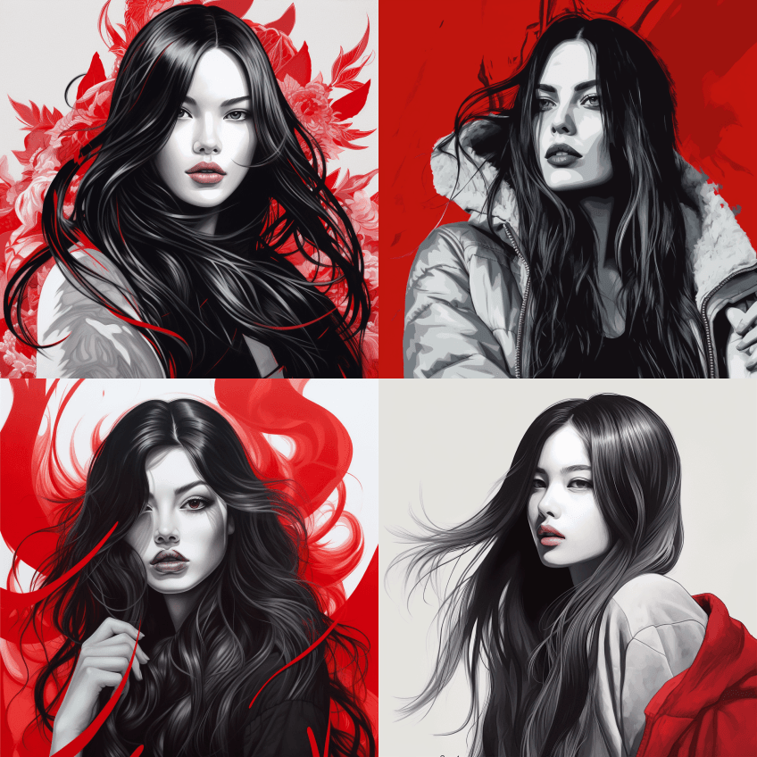 黑发美女画像，黑白图文，时尚插图，银红相 - Midjourney Prompt