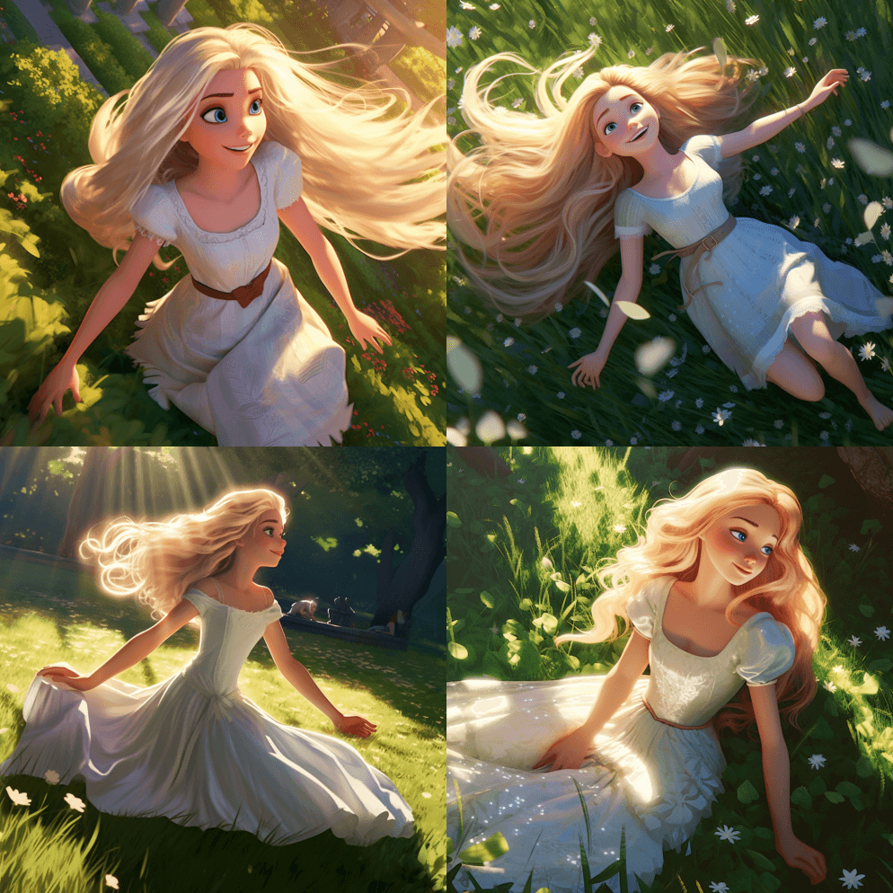 一个女孩穿着白色连衣裙，长长的黑发在草地 - Midjourney Prompt