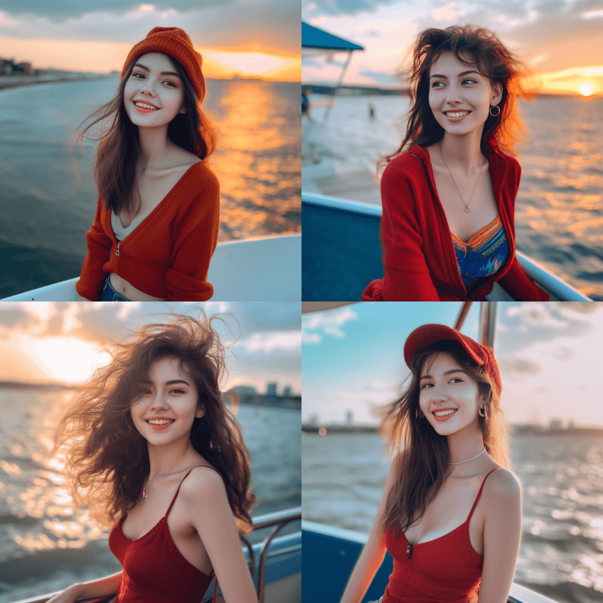 一个惊人美丽的微笑甜美的女孩，在海边，模 - Midjourney Prompt