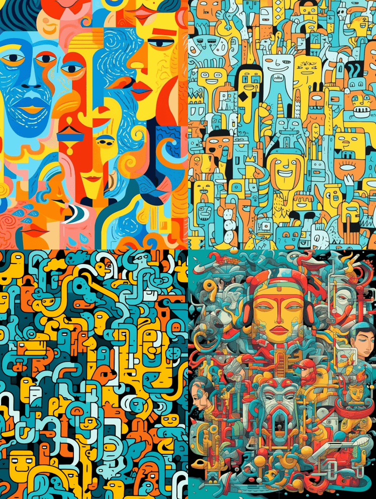 这是一幅人工绘制的五颜六色的图画，风格包 - Midjourney Prompt