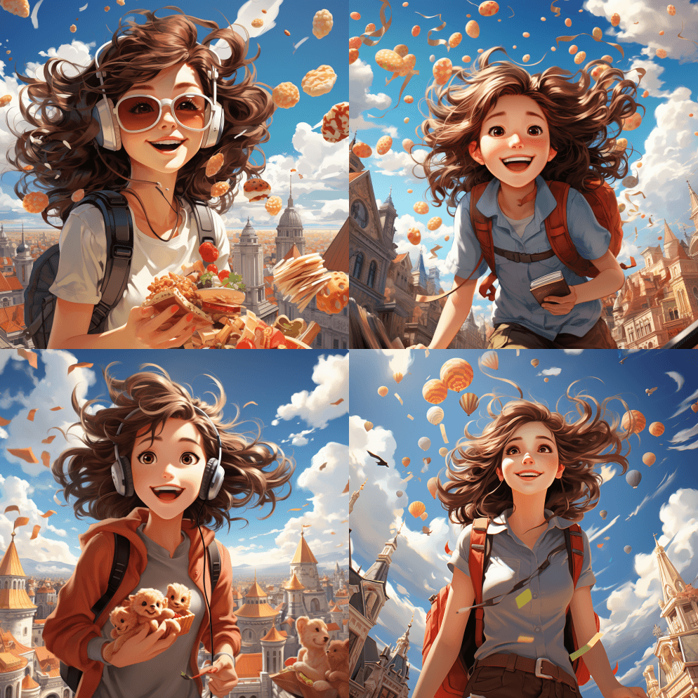 卡通风格，蓝天，非常可爱的微笑女孩穿越大 - Midjourney Prompt