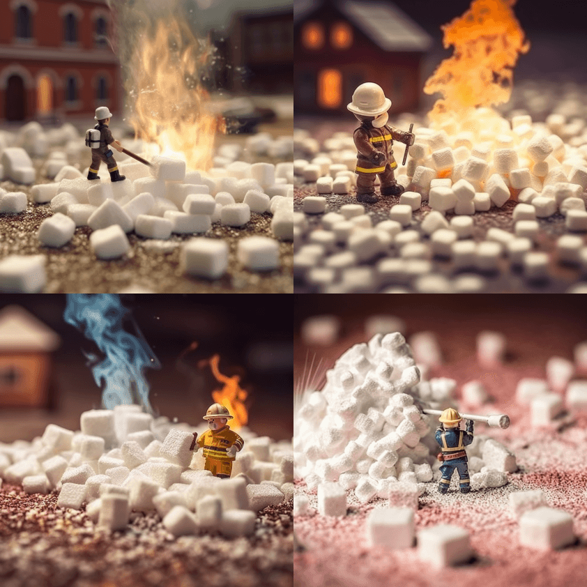 逼真的微型消防员在一堆燃烧的棉花糖上喷水 - Midjourney Prompt