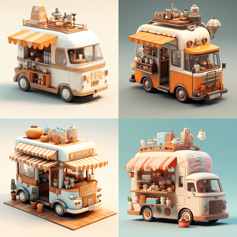 等距，卡通古董咖啡车3D模型，咖啡机，杯 - Midjourney Prompt