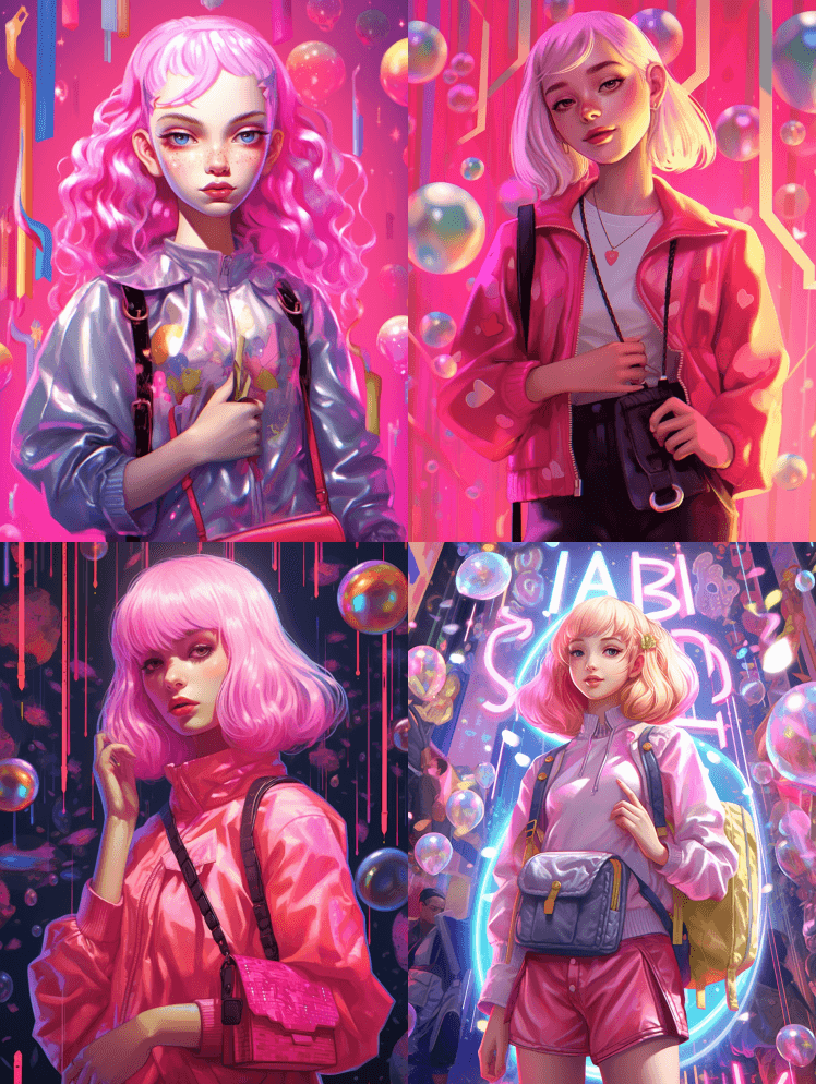 卡通女孩拿着一个包，背景是字母，风格是电 - Midjourney Prompt