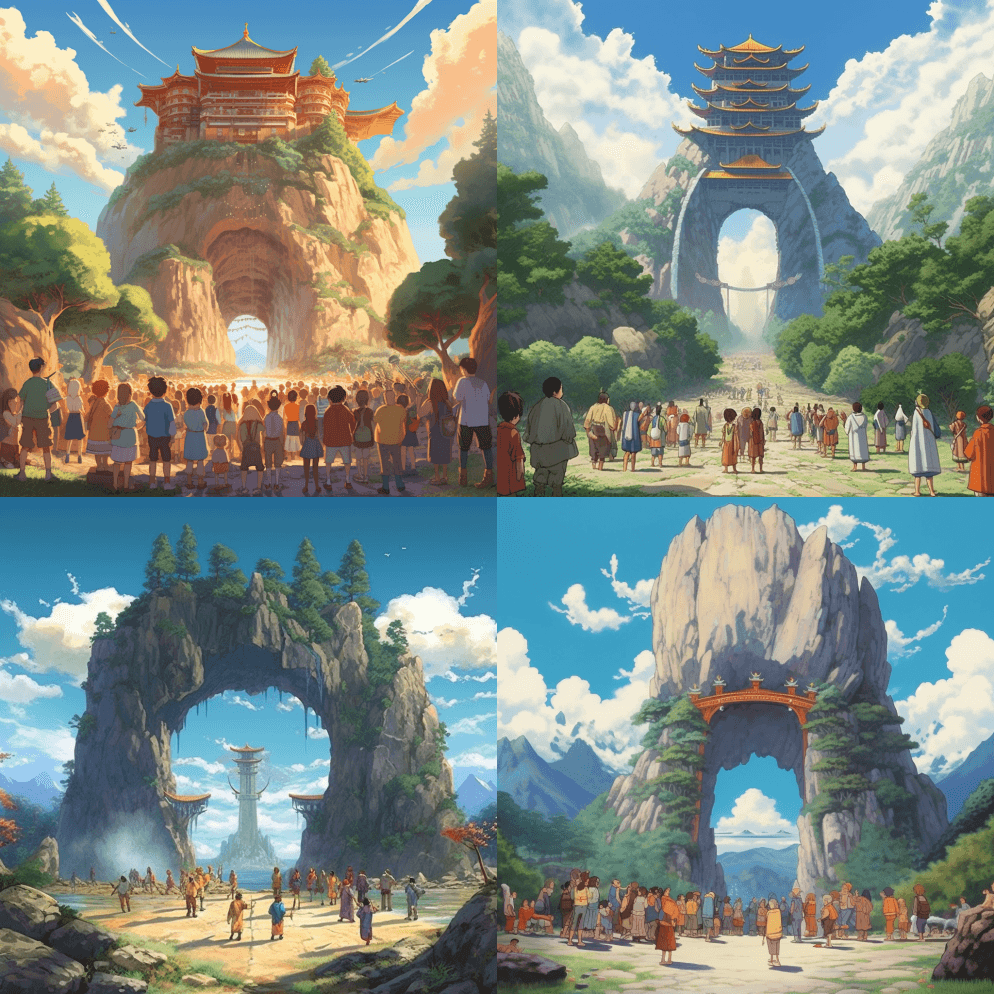 朝圣者在神秘的中国石城门前排队等候，巨大 - Midjourney Prompt