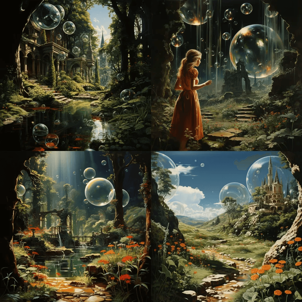 香皂泡泡在风中，在风格身临其境的环境中， - Midjourney Prompt