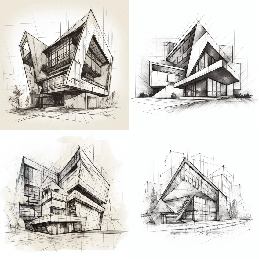 现代建筑设计的创意素描，线条清晰，几何形 - Midjourney Prompt