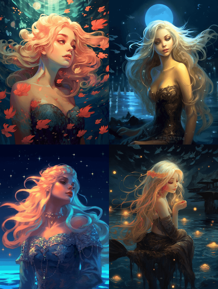 吉卜力风格的奇幻插图，一个美丽的美人鱼女 - Midjourney Prompt