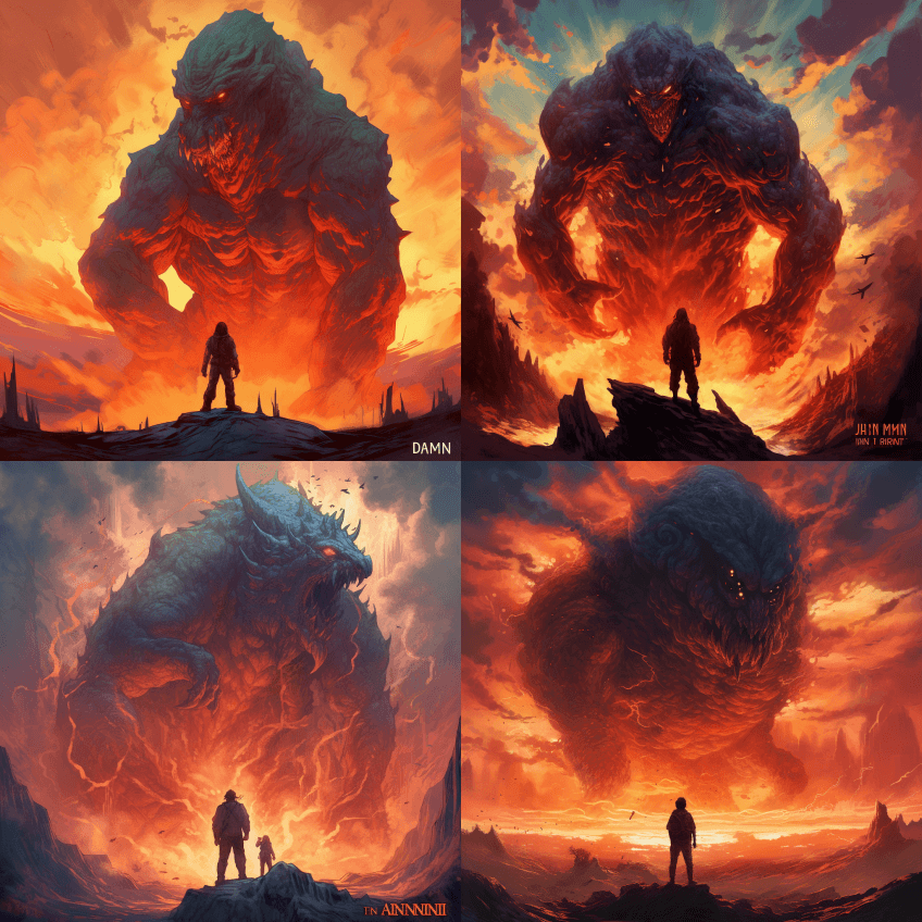 一个人站在炽热的天空中一个巨大的恶魔面前 - Midjourney Prompt