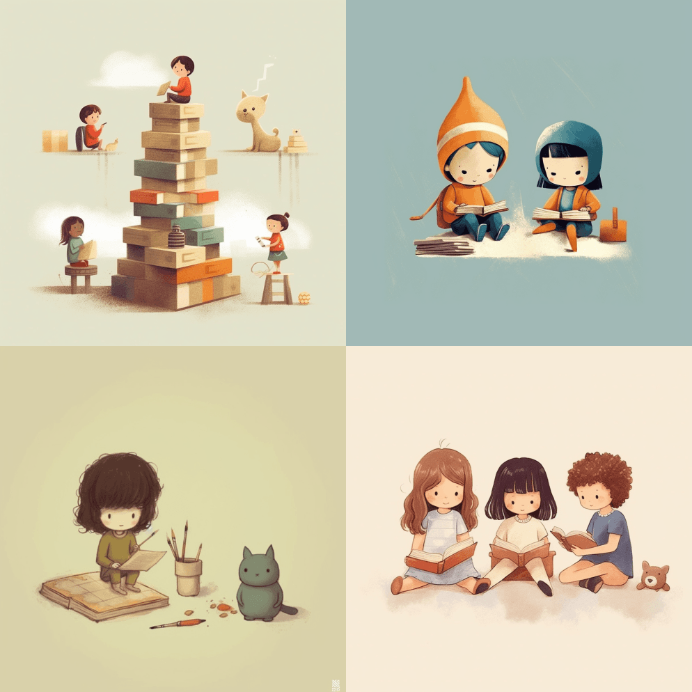 小朋友学画画，童书插图造型，极简主义，可 - Midjourney Prompt