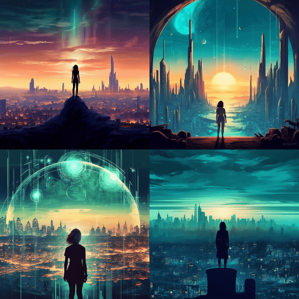 一条横跨地平线的奇幻城市天际线，黄昏时渐 - Midjourney Prompt