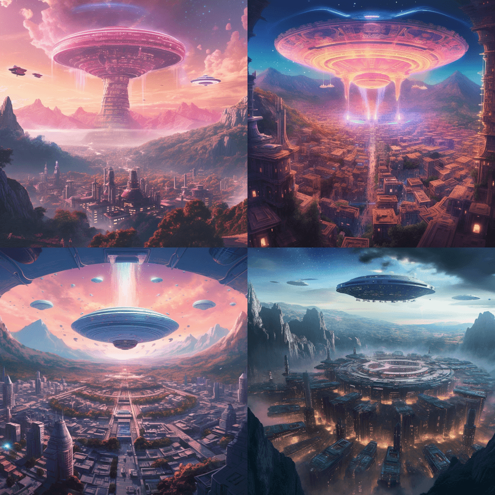 外星飞船漂浮在美丽的古城上空，整体设计非 - Midjourney Prompt