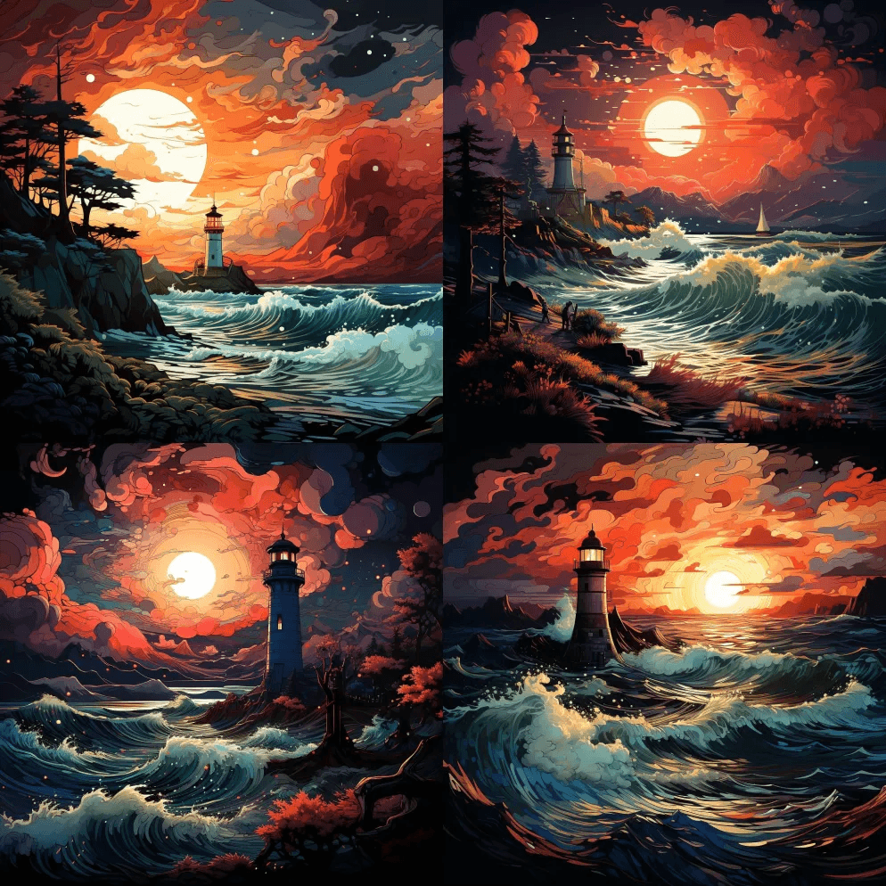 夜晚的彩色海景，灯塔，以图形小说的风格启 - Midjourney Prompt