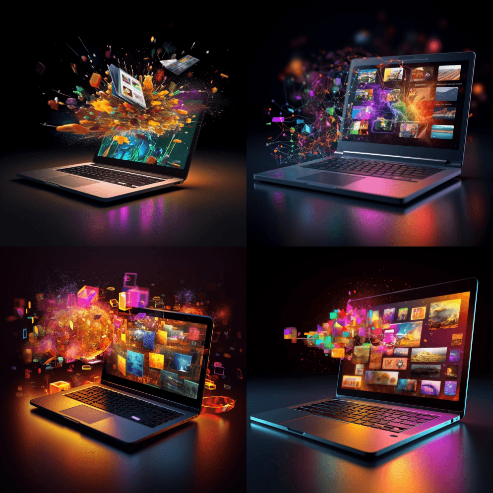 笔记本电脑的3D图像，屏幕上涌现出许多网 - Midjourney Prompt