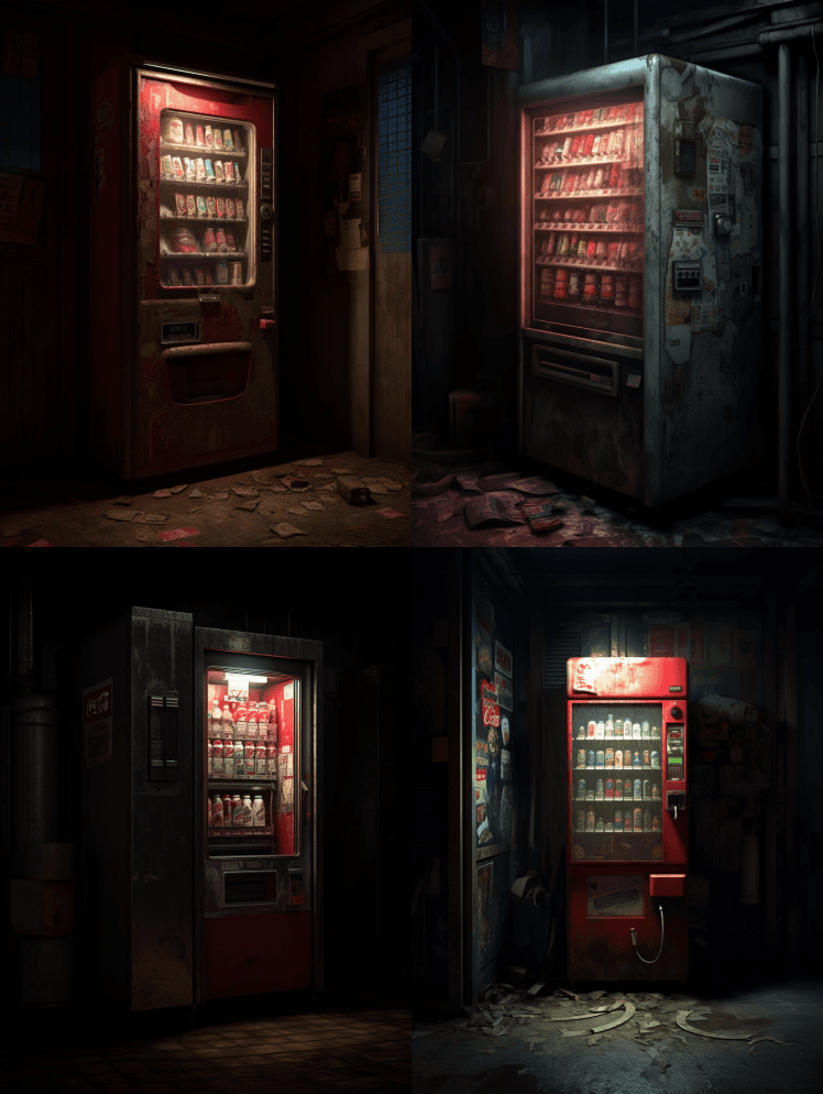 黑暗房间里的旧自动售货机，机器内的白光， - Midjourney Prompt